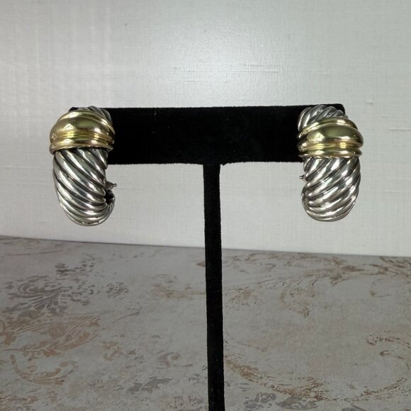 David Yurman Thoroughbred Shrimp Cable Omega Earrings 14K Gold Sterling Silver - Picture 2 of 10